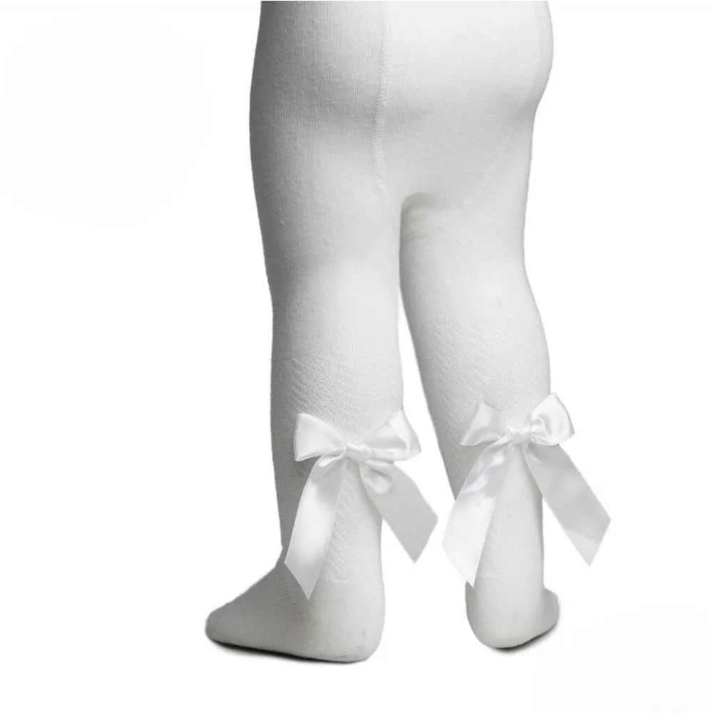 Girls Cream Chevron Bow Tights