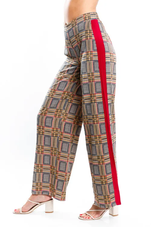 High Rise Multi Color Plaid Wide Leg Pants with Contrast Burgundy Stripe (JP9015)