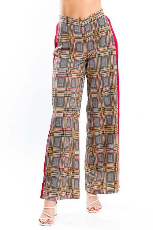 High Rise Multi Color Plaid Wide Leg Pants with Contrast Burgundy Stripe (JP9015)