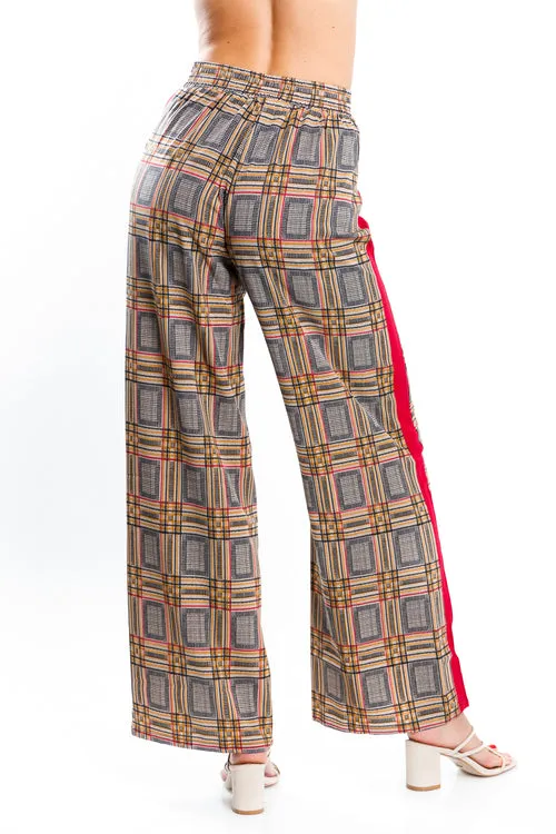 High Rise Multi Color Plaid Wide Leg Pants with Contrast Burgundy Stripe (JP9015)