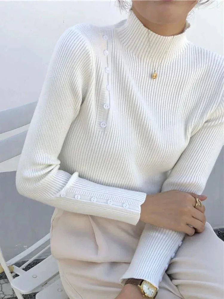 Knitted Turtleneck Sweater with Buttons for Women