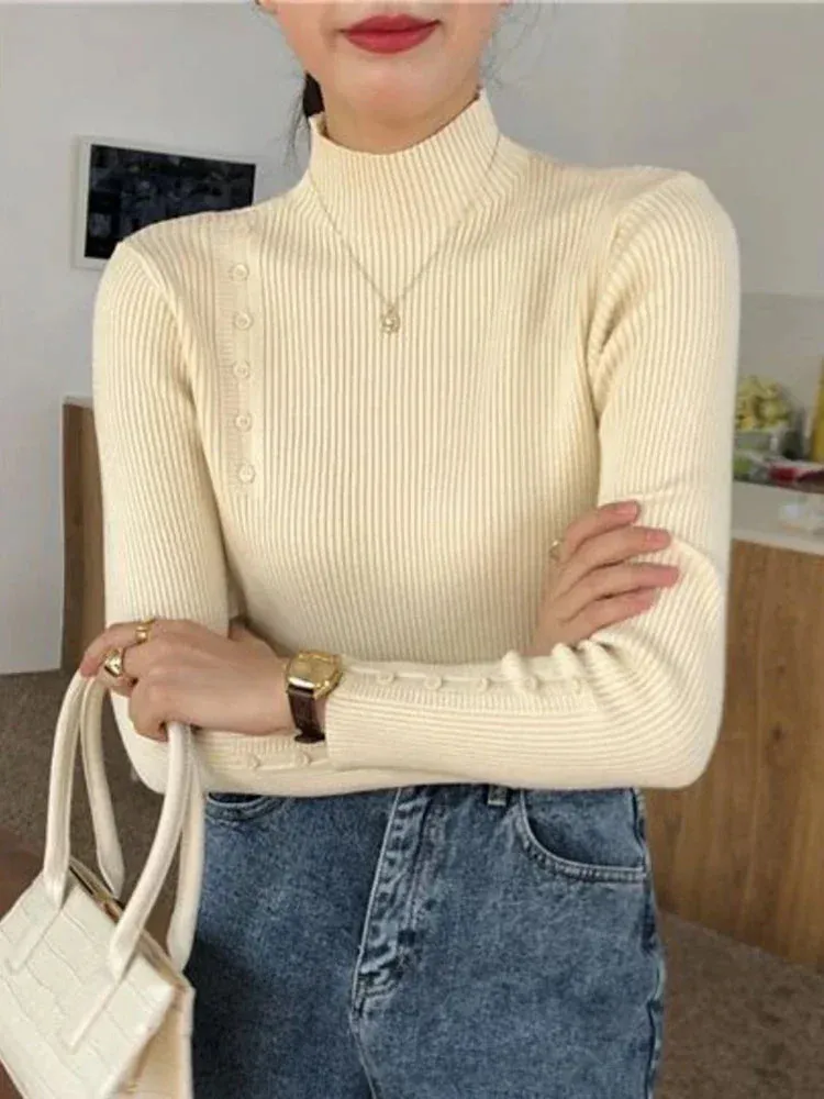 Knitted Turtleneck Sweater with Buttons for Women