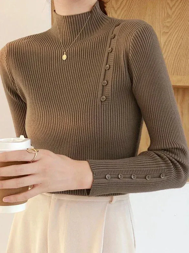 Knitted Turtleneck Sweater with Buttons for Women