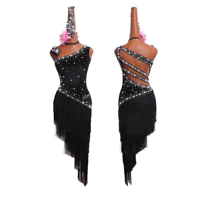 #L1279 Latin Dance Dresses -Black Fringe-Rhinestone- Backless -Tango -Salsa- Ballroom Dress