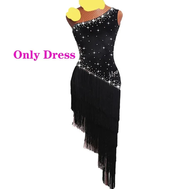 #L1279 Latin Dance Dresses -Black Fringe-Rhinestone- Backless -Tango -Salsa- Ballroom Dress