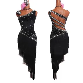 #L1279 Latin Dance Dresses -Black Fringe-Rhinestone- Backless -Tango -Salsa- Ballroom Dress