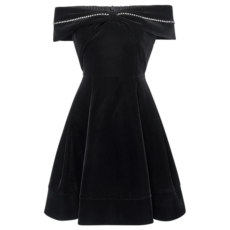 Little Black Dress Dress Retro Velvet Imitation Drill One-Shoulder Dress - Miko