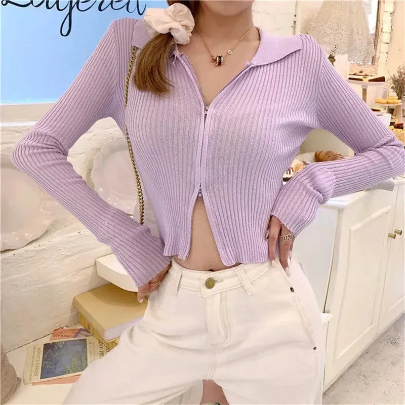 Long Sleeve Stretch Ribbed Knitted Crop Sweater