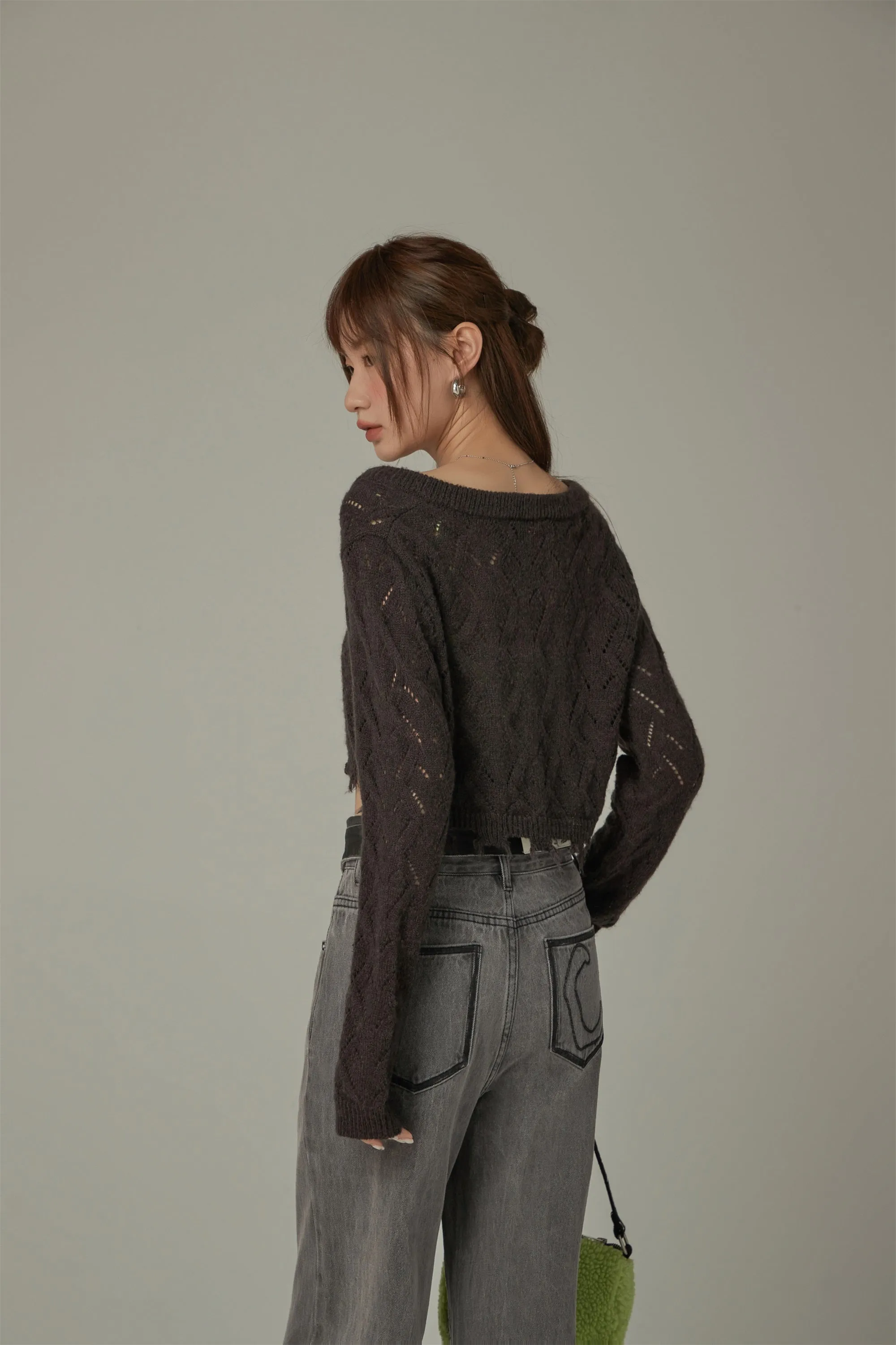 Maxi Crop Long Sleeve Eyelet Knit Sweater