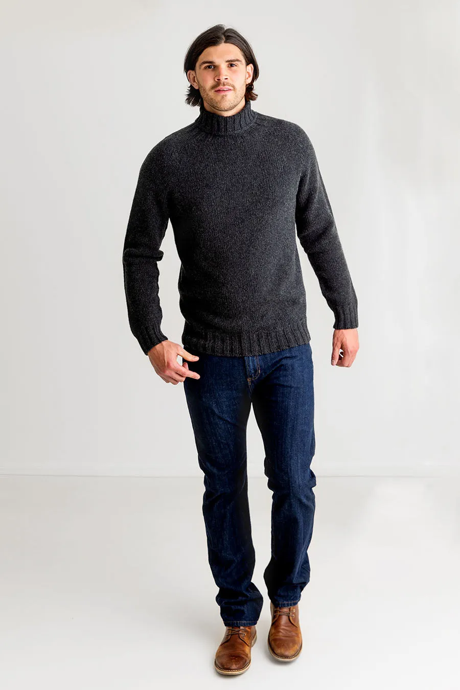 Mens Chunky Geelong Superfine Lambs wool Polo Neck Jumper - Charcoal