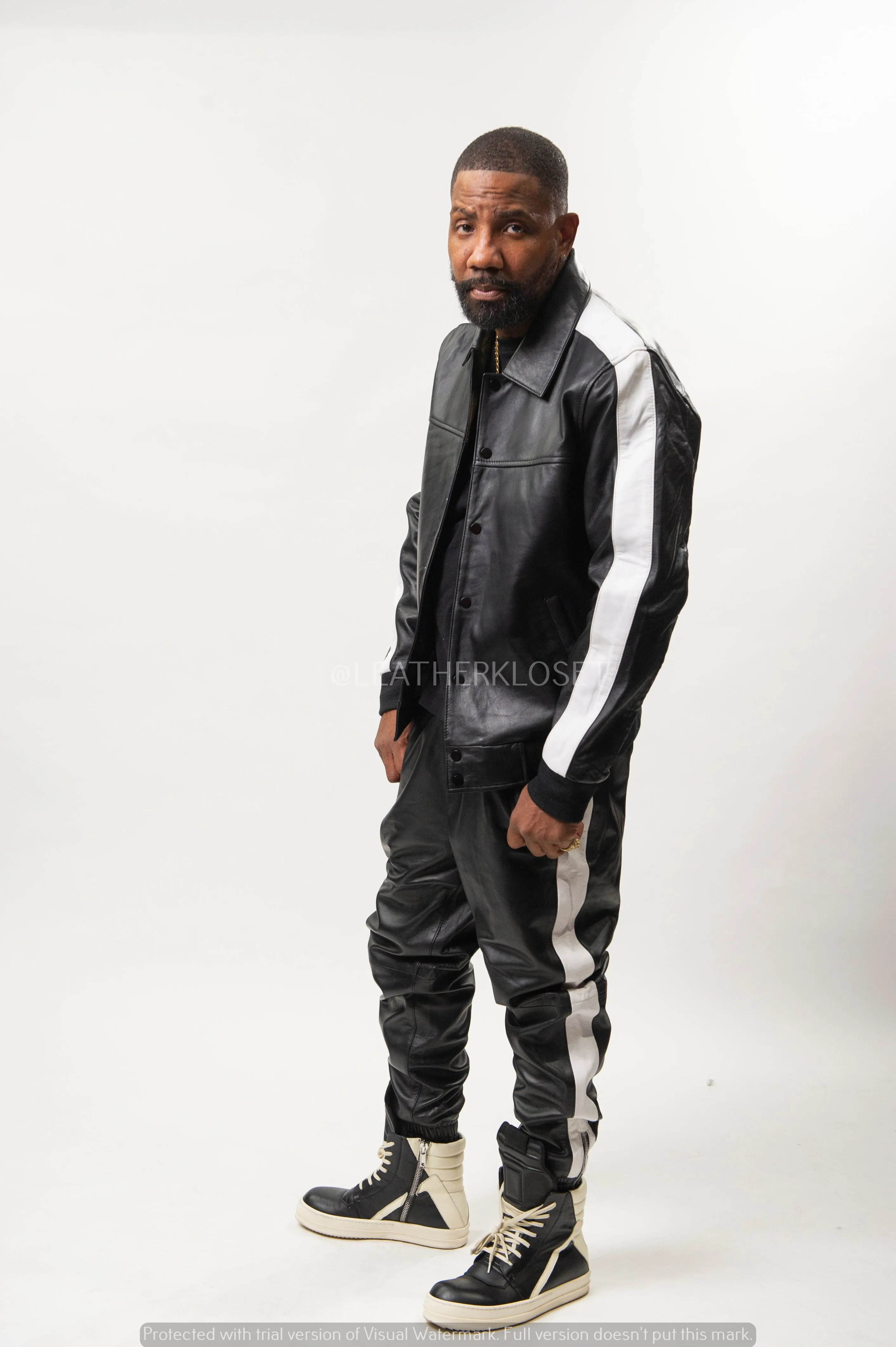 Men's Leather Track Suit Sweatsuit [Black/White]