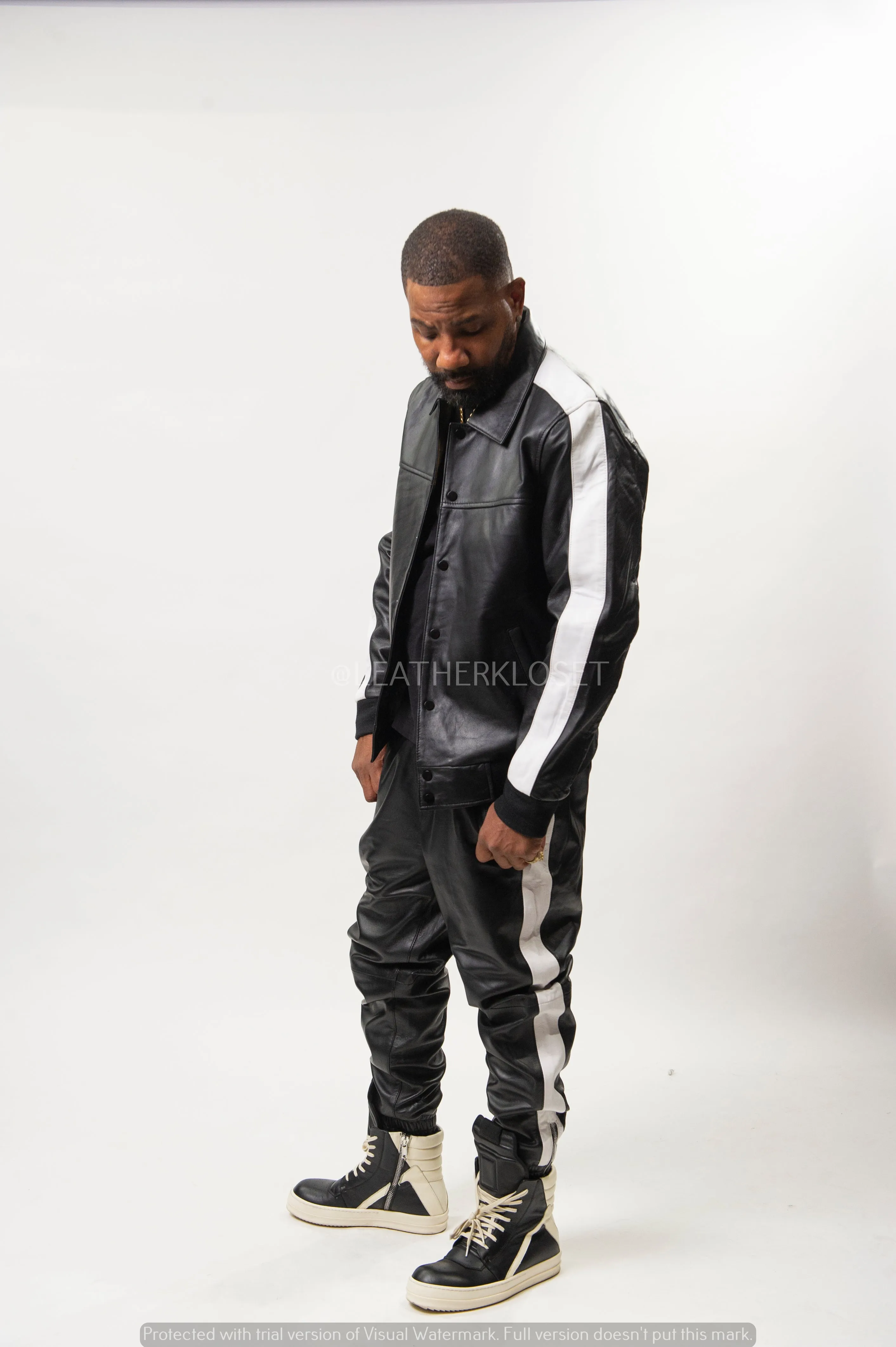 Men's Leather Track Suit Sweatsuit [Black/White]