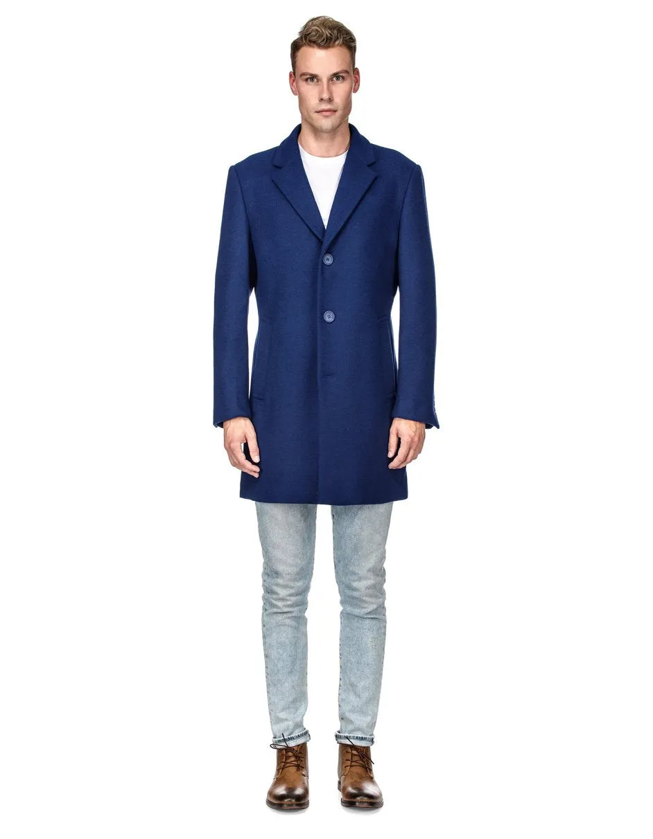 Mens Modern 3 Button Wool Car Coat in Indigo Blue