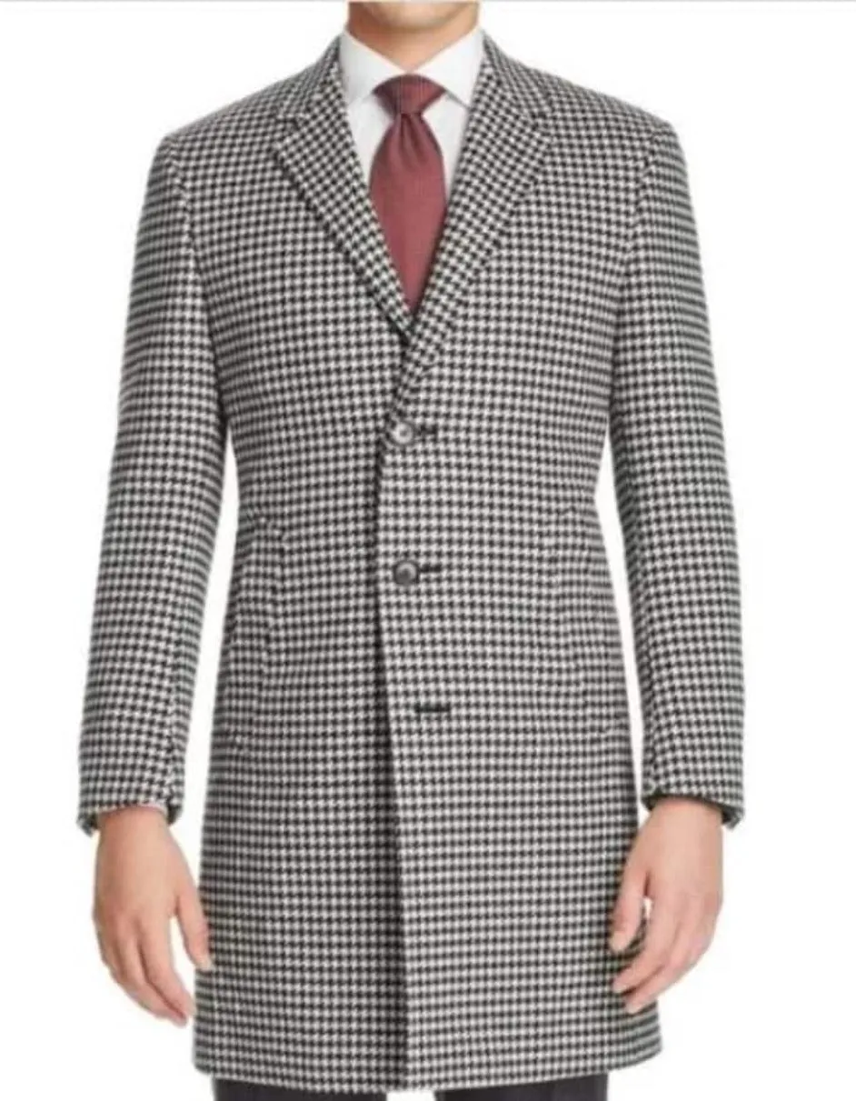 Mens Overcoat - Topcoat For Men - Winter Fabric - Mens Black White Houndstooth Basic Wool men's Overcoat - Mens Topcoat