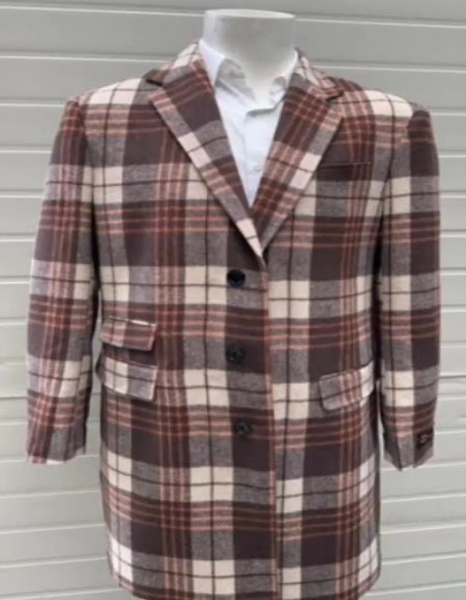 Mens Plaid Overcoat - Checkered Carcoat - Wool Three Quarter Peacoat Ticket Pocket Multi-Color