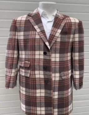 Mens Plaid Overcoat - Checkered Carcoat - Wool Three Quarter Peacoat Ticket Pocket Multi-Color