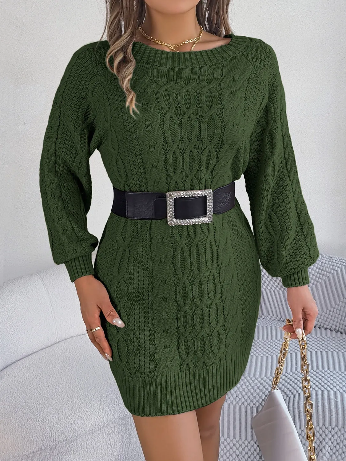 Modern Cable-Knit Round Neck Sweater Dress