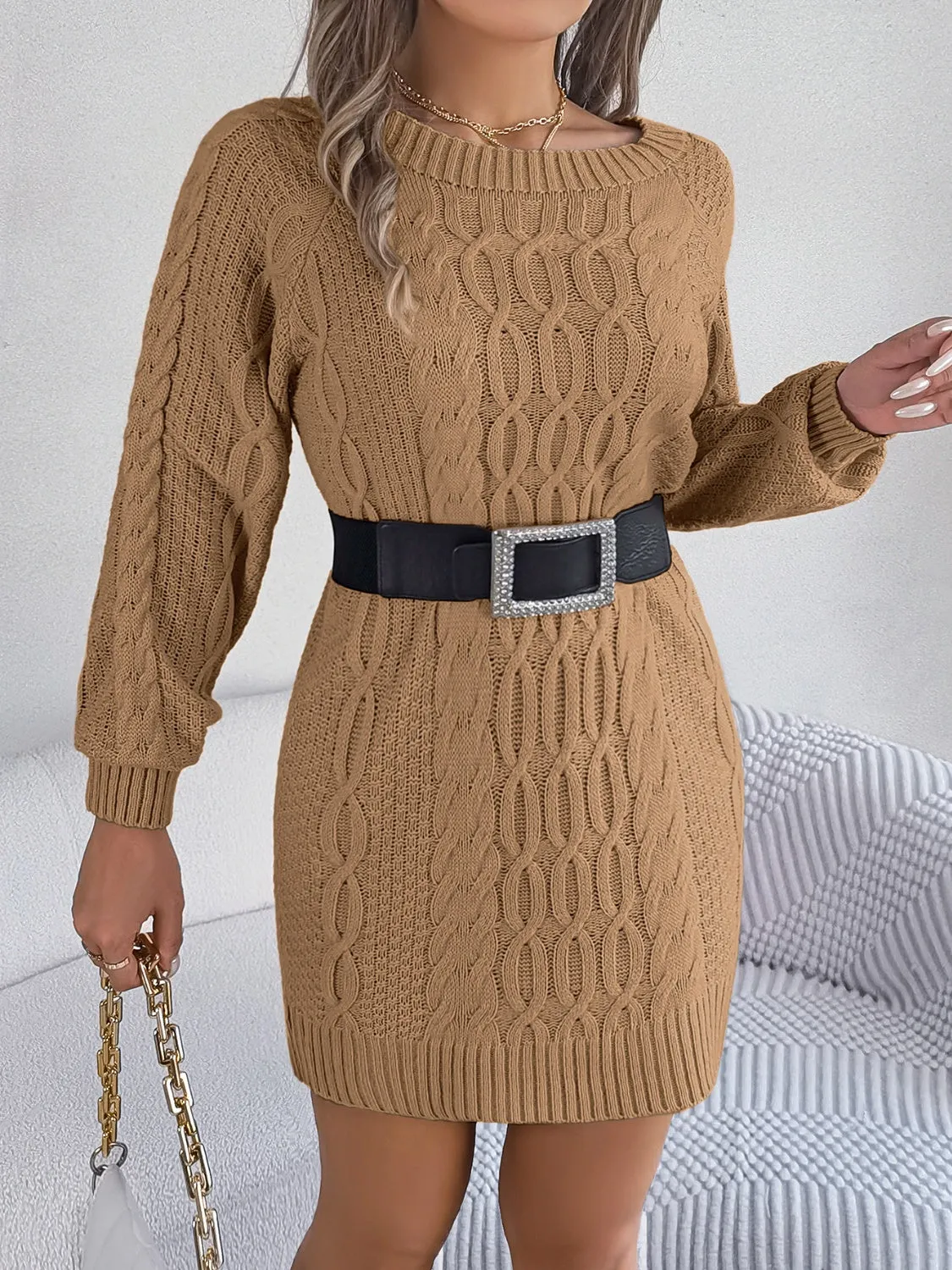 Modern Cable-Knit Round Neck Sweater Dress