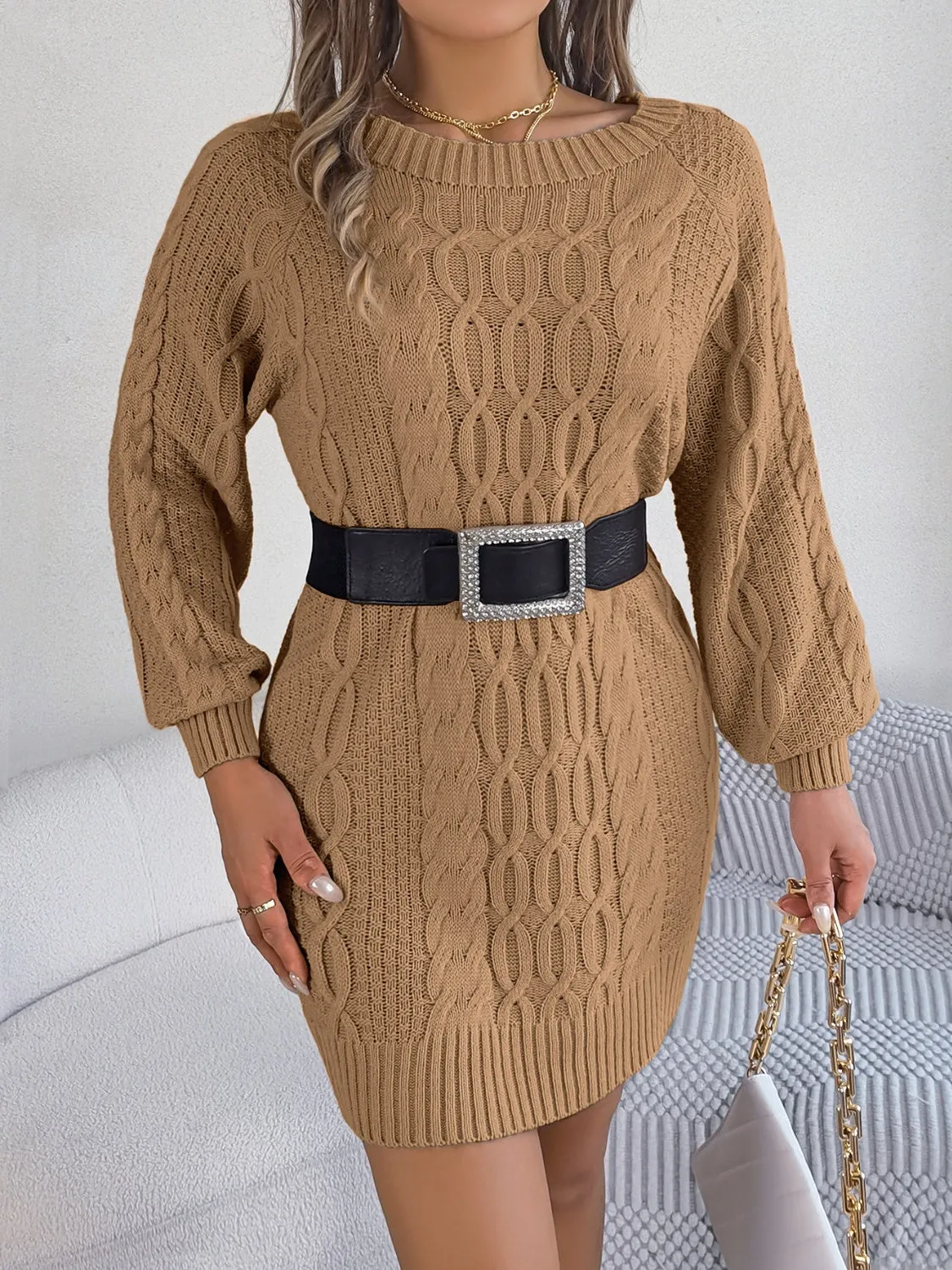 Modern Cable-Knit Round Neck Sweater Dress