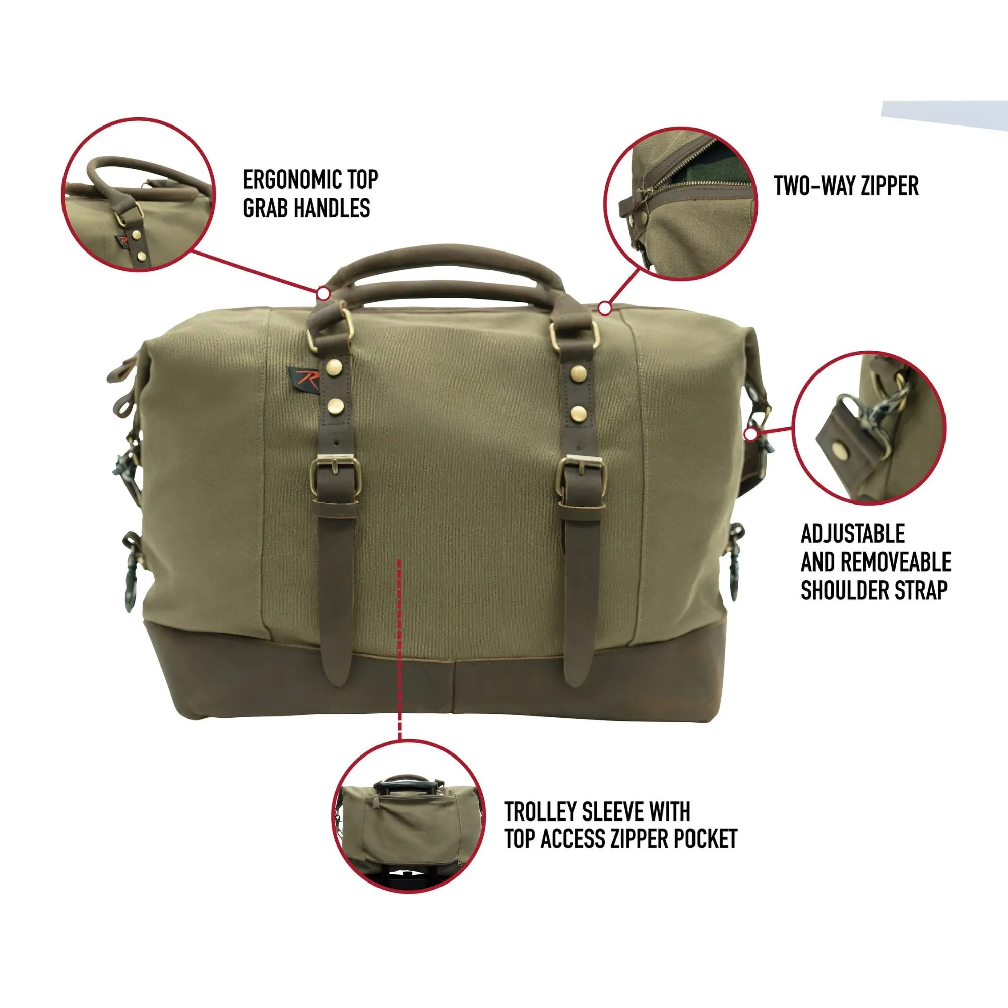 Olive Drab - Vintage Carry-On Travel Bag - Duffle with Trolley Sleeve - 16" x 14.5" x 8"