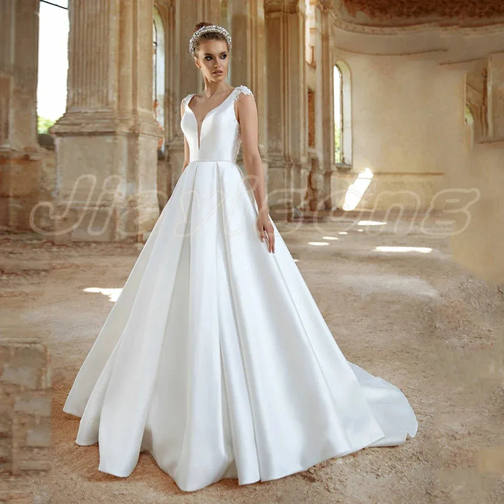 Satin Wedding Dress New Arrival Cap Sleeve V Neck Beading Belt Back A Line Bridal Dresses