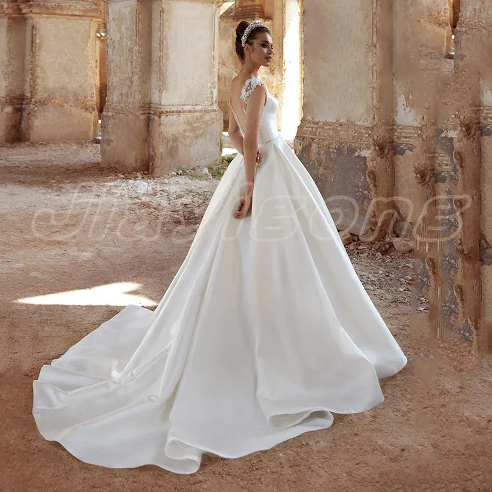 Satin Wedding Dress New Arrival Cap Sleeve V Neck Beading Belt Back A Line Bridal Dresses