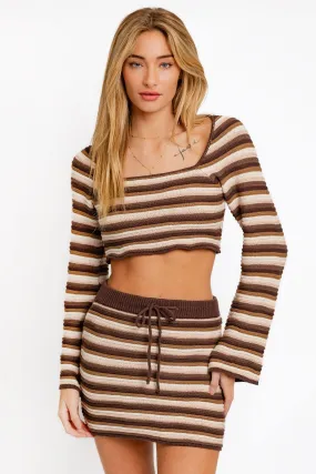 Stripe Crochet Crop Sweater Top & High Waist Skirt Set