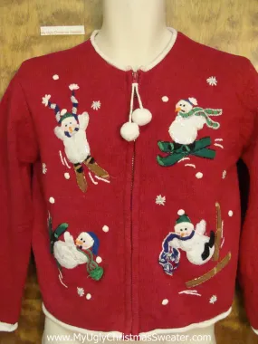 Super Short Ugly Christmas Sweater with Skiing Snowmen