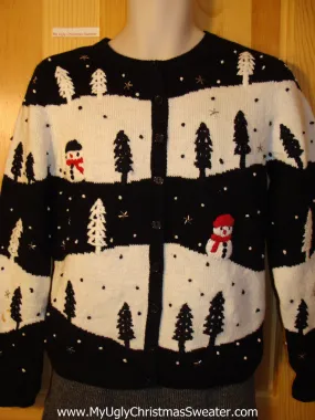 Tacky Cheap Ugly Christmas Sweater with Festive Snowmen in a Winter Wonderland (f665)