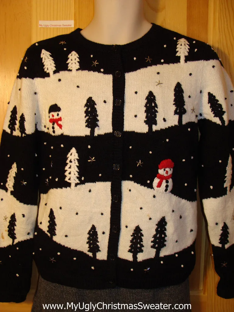 Tacky Cheap Ugly Christmas Sweater with Festive Snowmen in a Winter Wonderland (f665)