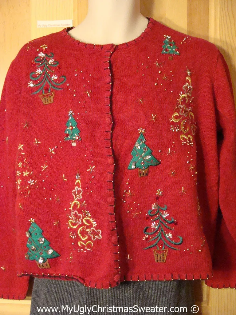 Tacky Christmas Sweater Party Ugly Red Sweater with Bead Bling Trees (f997)