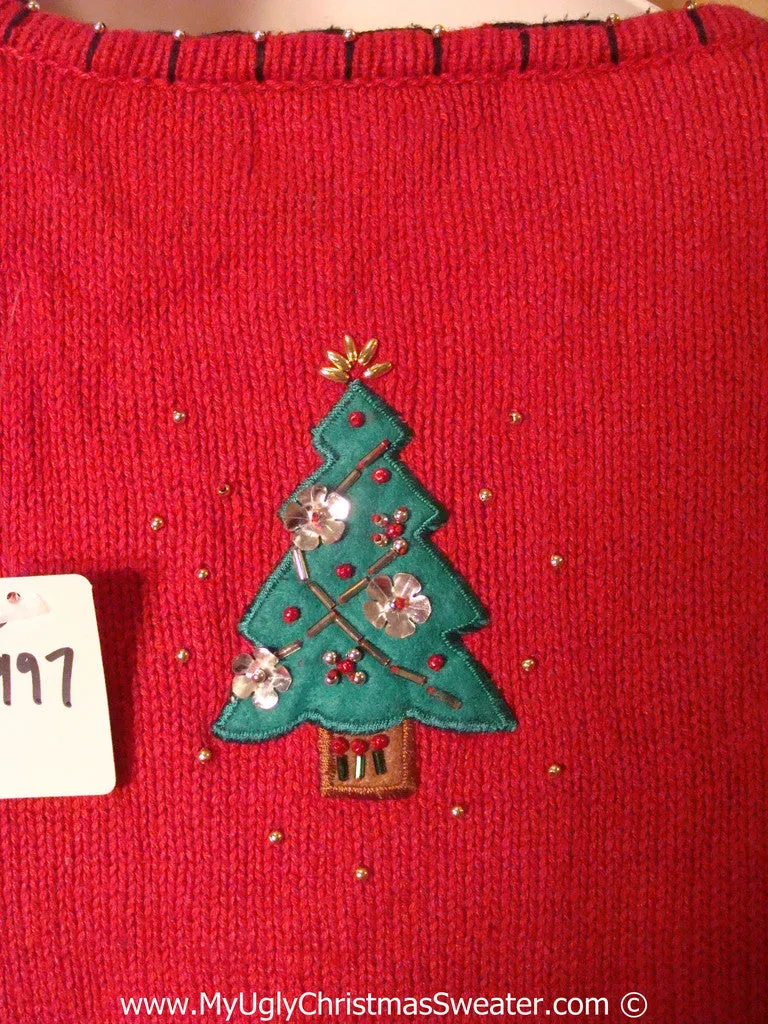 Tacky Christmas Sweater Party Ugly Red Sweater with Bead Bling Trees (f997)