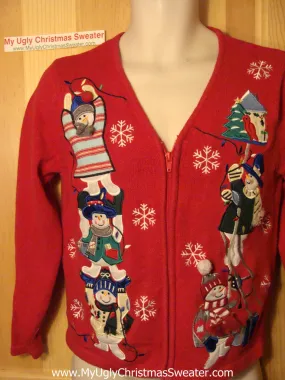 Tacky Ugly Christmas Sweater with Climbing Silly Snowmen (f121)