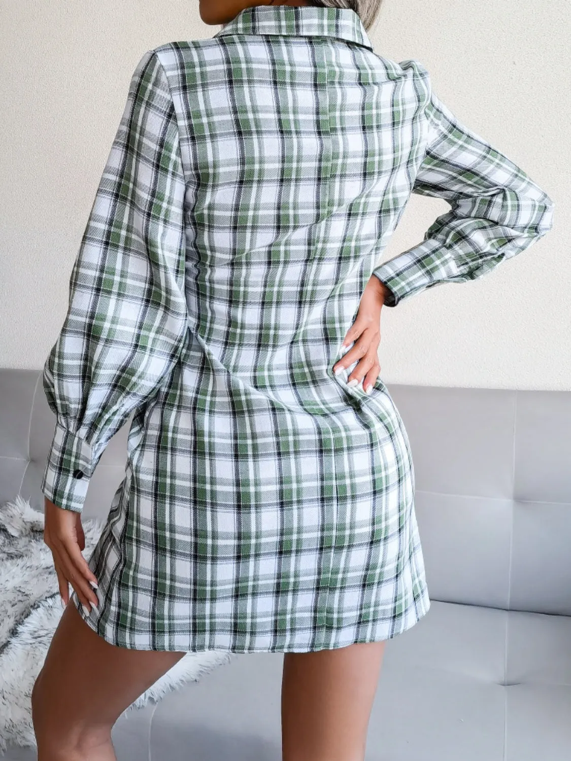 Tied Plaid Long Sleeve Mini Shirt Dress