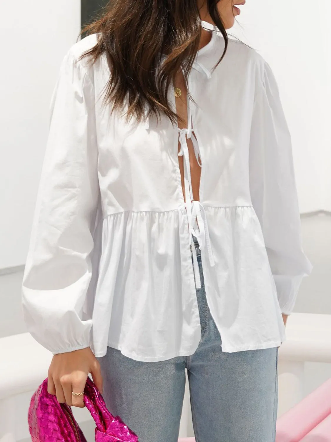 Tied Round Neck Long Sleeve Blouse