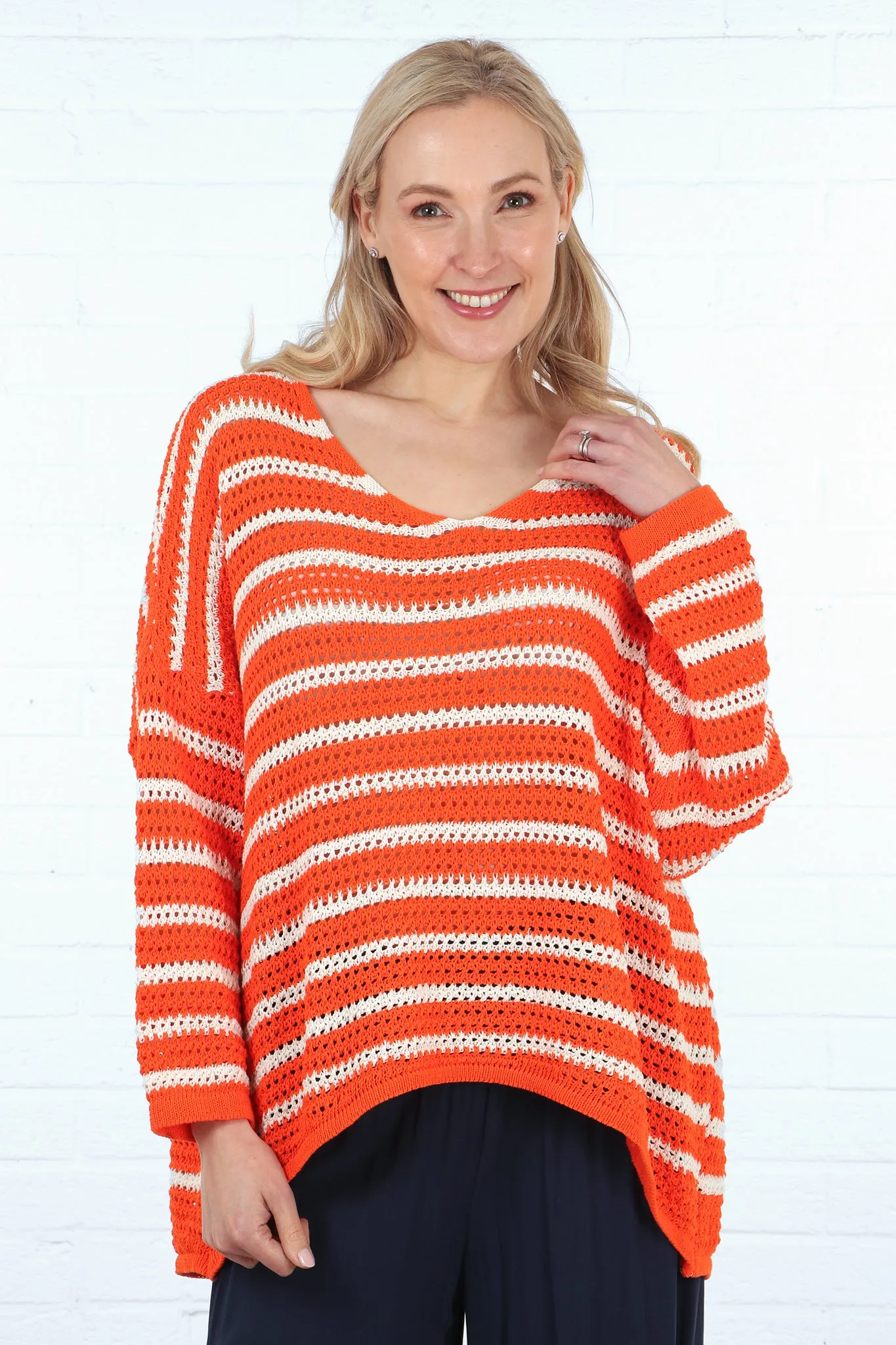 V-Neck Open Knit Striped Cotton Jumper in Cream Orange