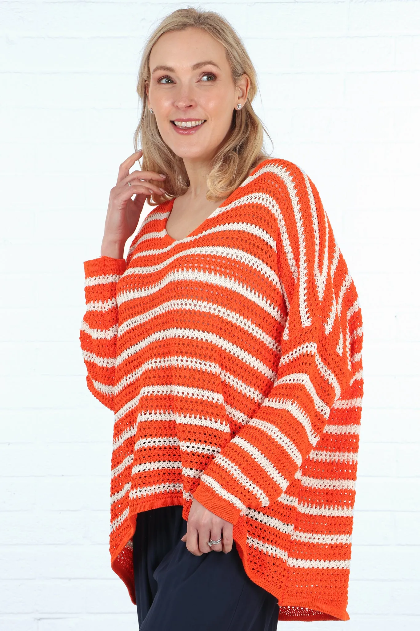 V-Neck Open Knit Striped Cotton Jumper in Cream Orange