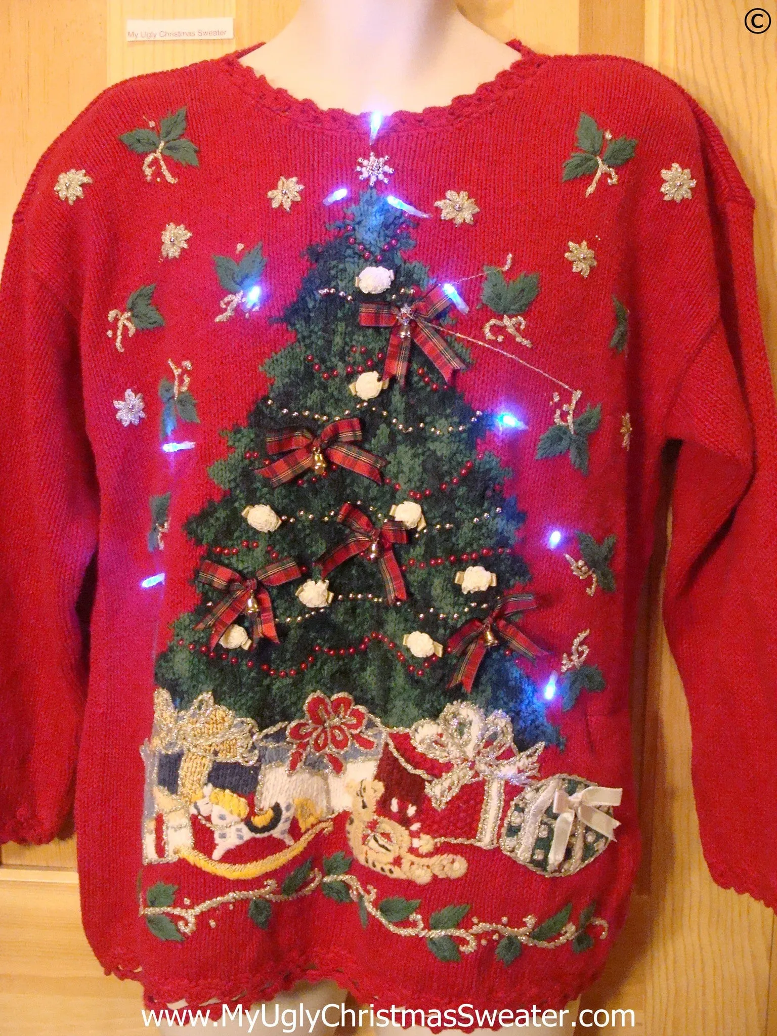 Vintage 80s Red Funny Light Up Christmas Sweater