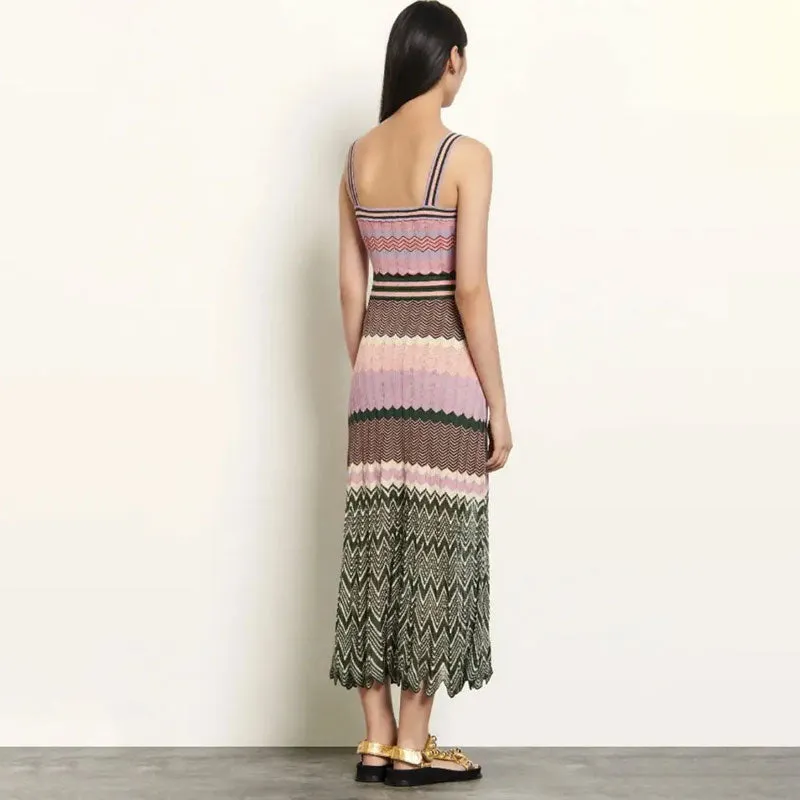 Vintage Chevron Striped Scalloped Pleated Pointelle Knit Midi Sundress