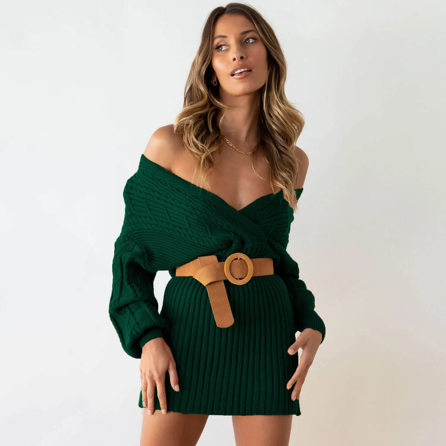 Vintage Wrap Off The Shoulder Chunky Cable Knit Sweater Mini Dress