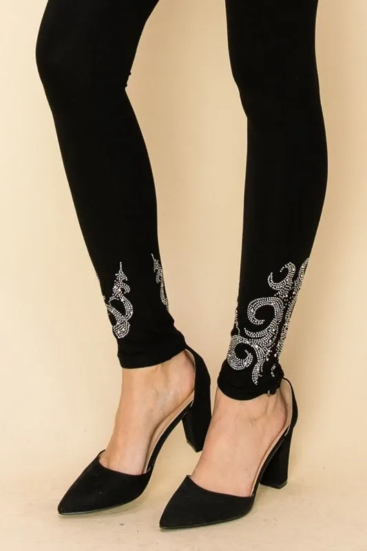 Vocal Scroll Stones Embellished Leggings - Black