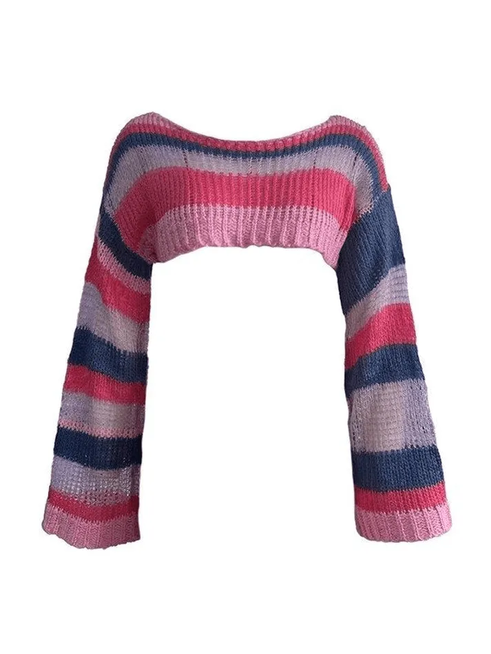 Wenkouban-Spring Casual Outfits Y2K Outfits Striped Long Sleeve Bolero Sweater Top