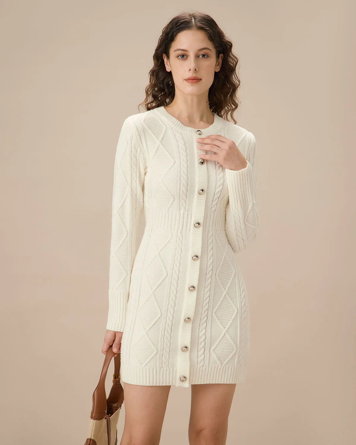 White Round Neck Bodycon Sweater Dress