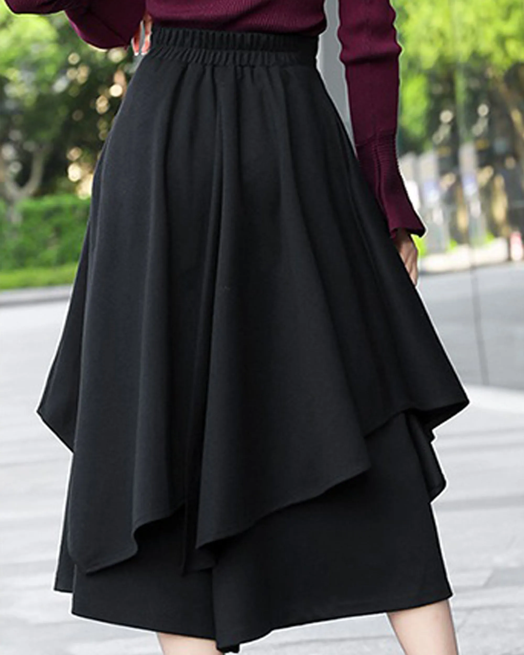 wide leg pants, wool skirt pants, womens black trousers, pants with pocket, winter pants(K1909)