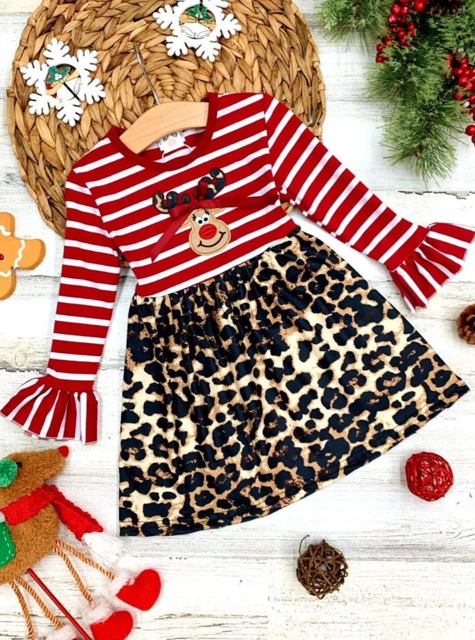 Wild For Rudolph Striped Leopard Print Dress