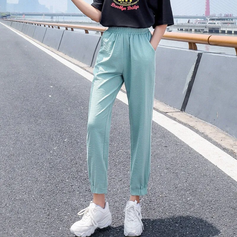 Wjczt Women'S Spring And Summer Ice Silk Sports  New 9-Point Pants Loose And Thin Female Fashion Leisure Mosquito Proof Trousers