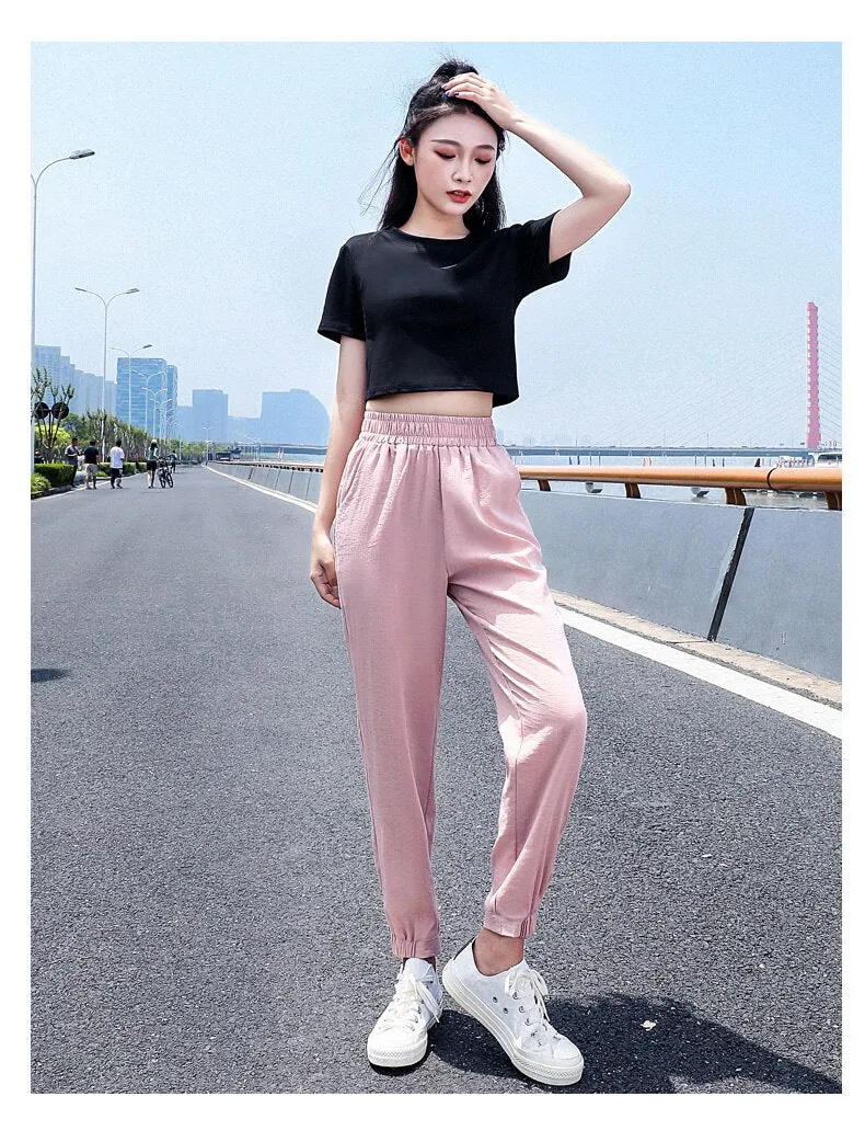 Wjczt Women'S Spring And Summer Ice Silk Sports  New 9-Point Pants Loose And Thin Female Fashion Leisure Mosquito Proof Trousers