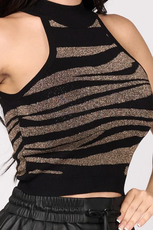 ZEBRA METALLIC SWEATER RIB HALTER MOCK